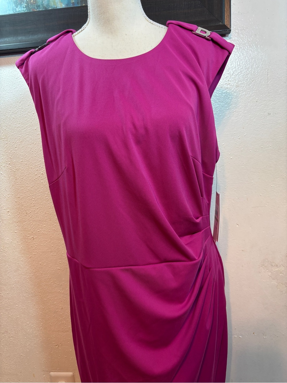Dkny Sleeveless Midi Dress in Fuchsia Pink with Shoulder Buckles